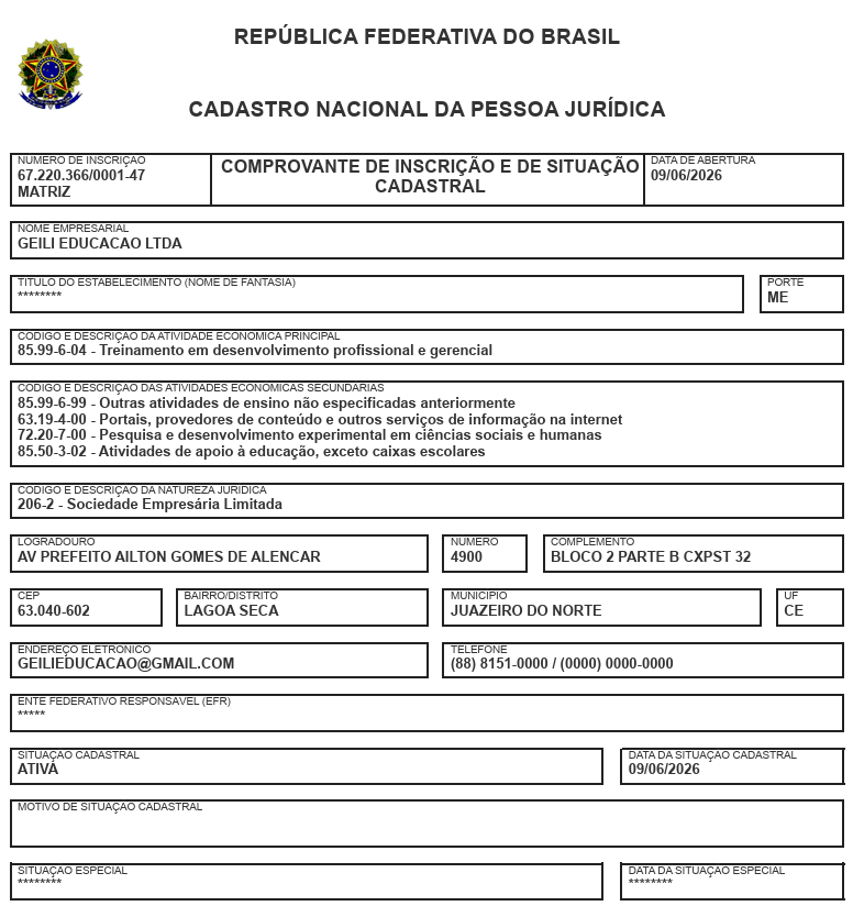 Comprovante de registro da empresa